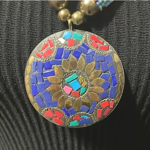 Medallion With Multiple Beaded Strands Statement Necklace NEW - Picture 2 of 6